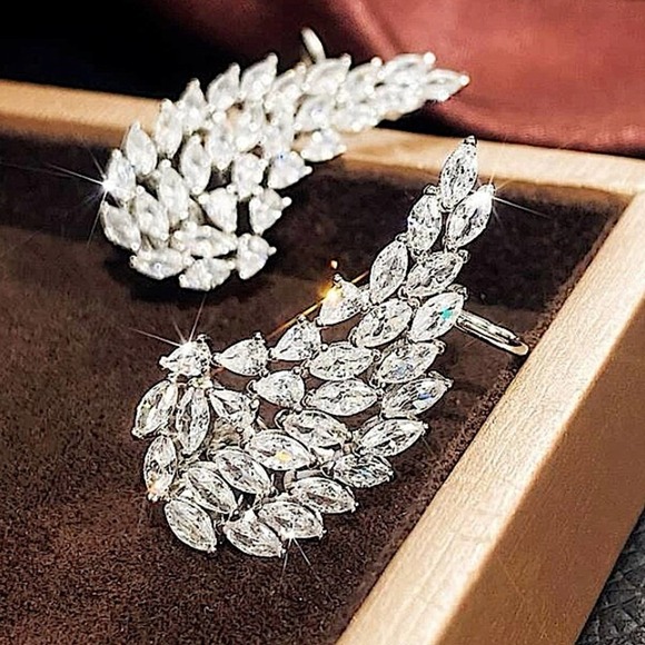 Silver Cubic Zircon Leaf Angel Wing Cuff Earrings - Picture 2 of 8